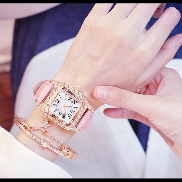 Women Diamond Watch Starry Square Dial Bracelet Watches Set Ladies Leather - Picture 2 of 6